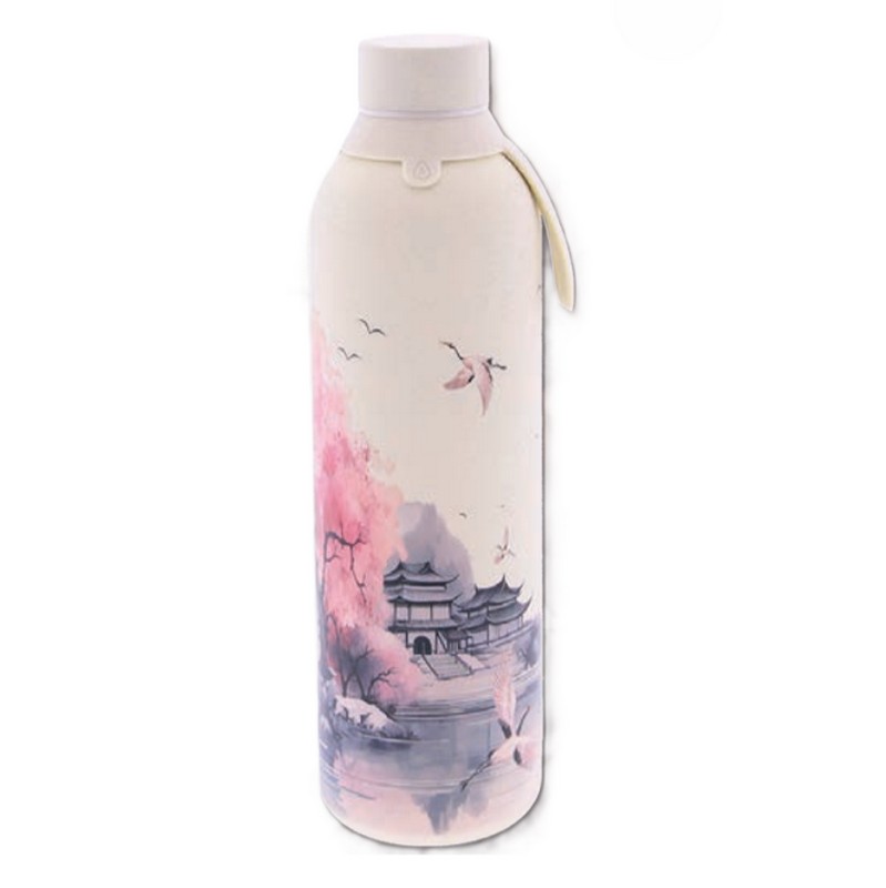 Borraccia termica beige decorata con lago giapponese e aironi in acciaio inox doppia parete da 750 ml